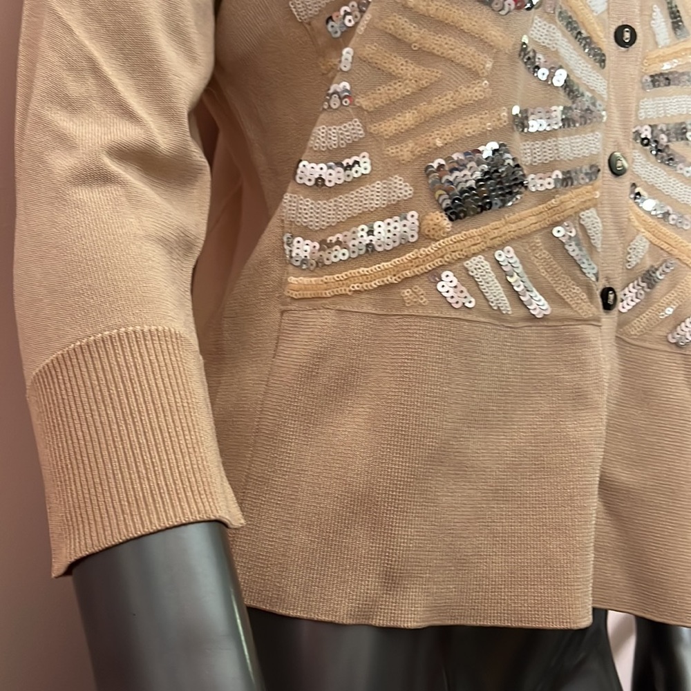 Cache Cream w/ Silver Sequin 3/4 Sleeve Knit Cardigan Sweater - Picture 7 of 13